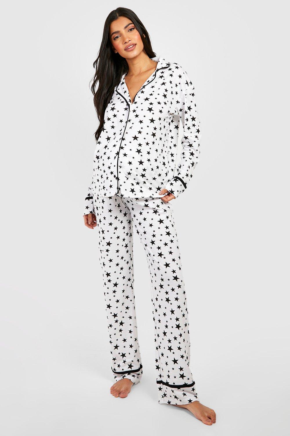 Womens Maternity Star Print Pipe Detail Pyjama Set - White - 12, White