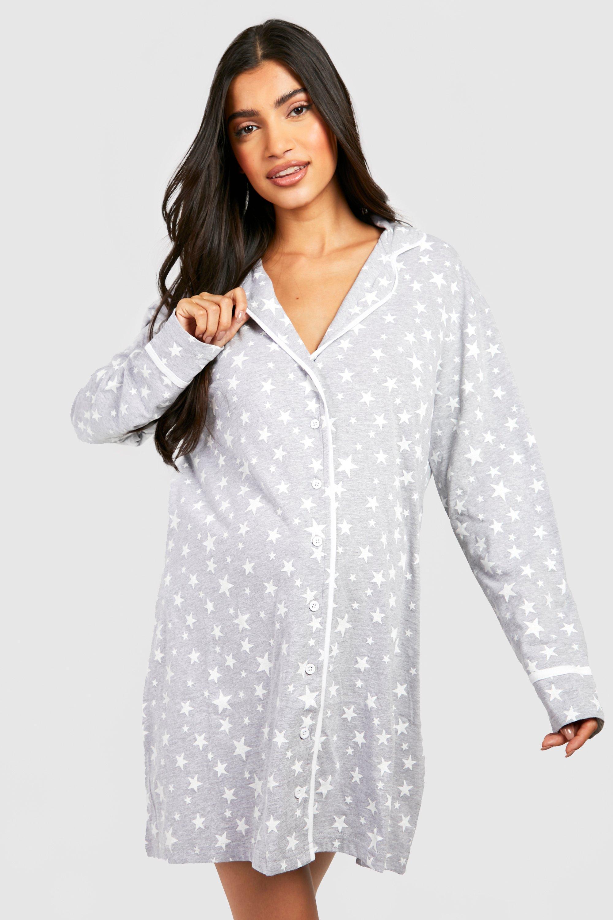 Womens Maternity Star Print Pipe Detail Nightie - Grey - 16, Grey