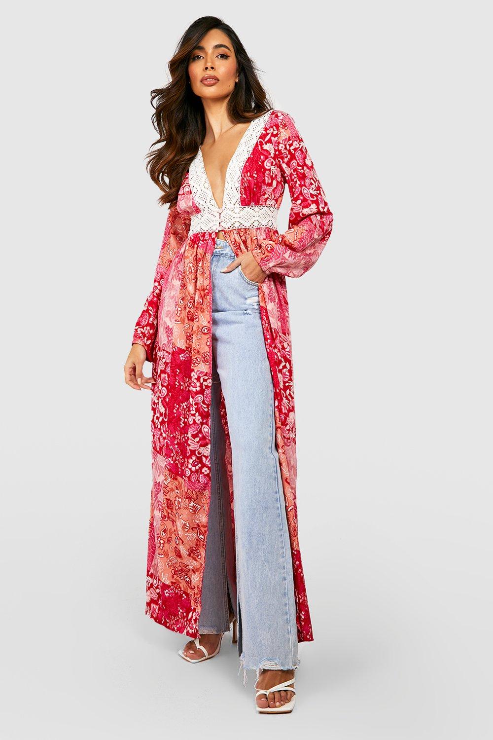 Image of Kimono maxi all'uncinetto in fantasia cachemire, Pink