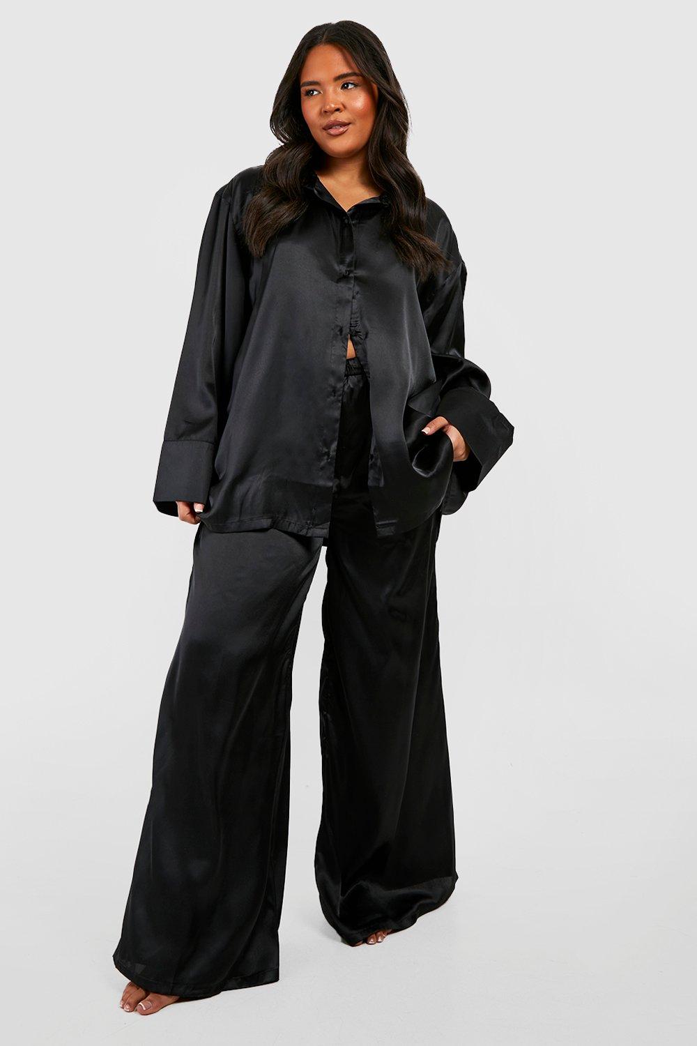 Image of Set pigiama Plus Size oversize in raso - camicia & pantaloni, Nero