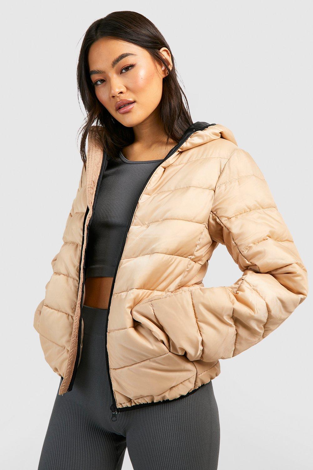 Womens Hooded Panelled Puffer Jacket - Beige - 10, Beige