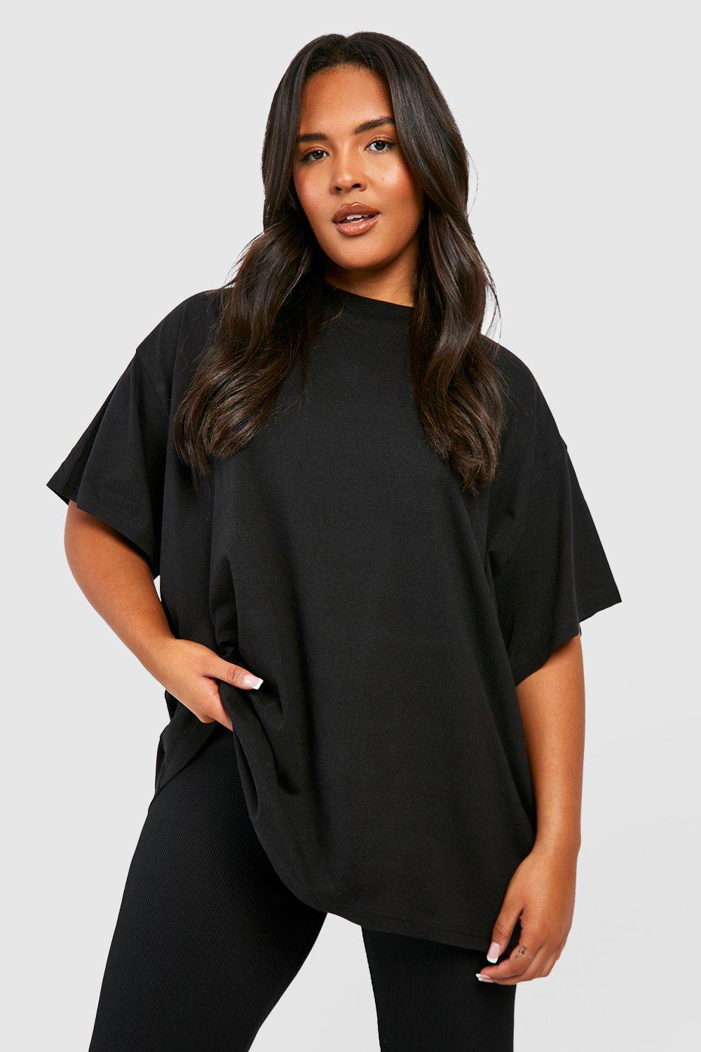 Image of T-shirt Plus Size a girocollo Basic in cotone super oversize, Nero