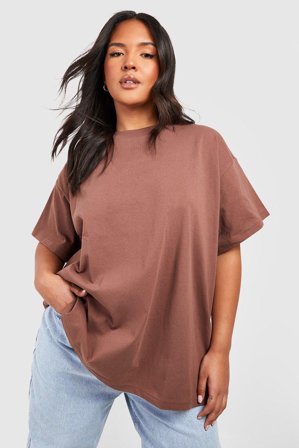 Image of T-shirt Plus Size a girocollo Basic in cotone super oversize, Brown