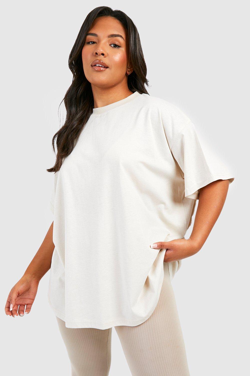 Image of T-shirt Plus Size a girocollo Basic in cotone super oversize, Beige
