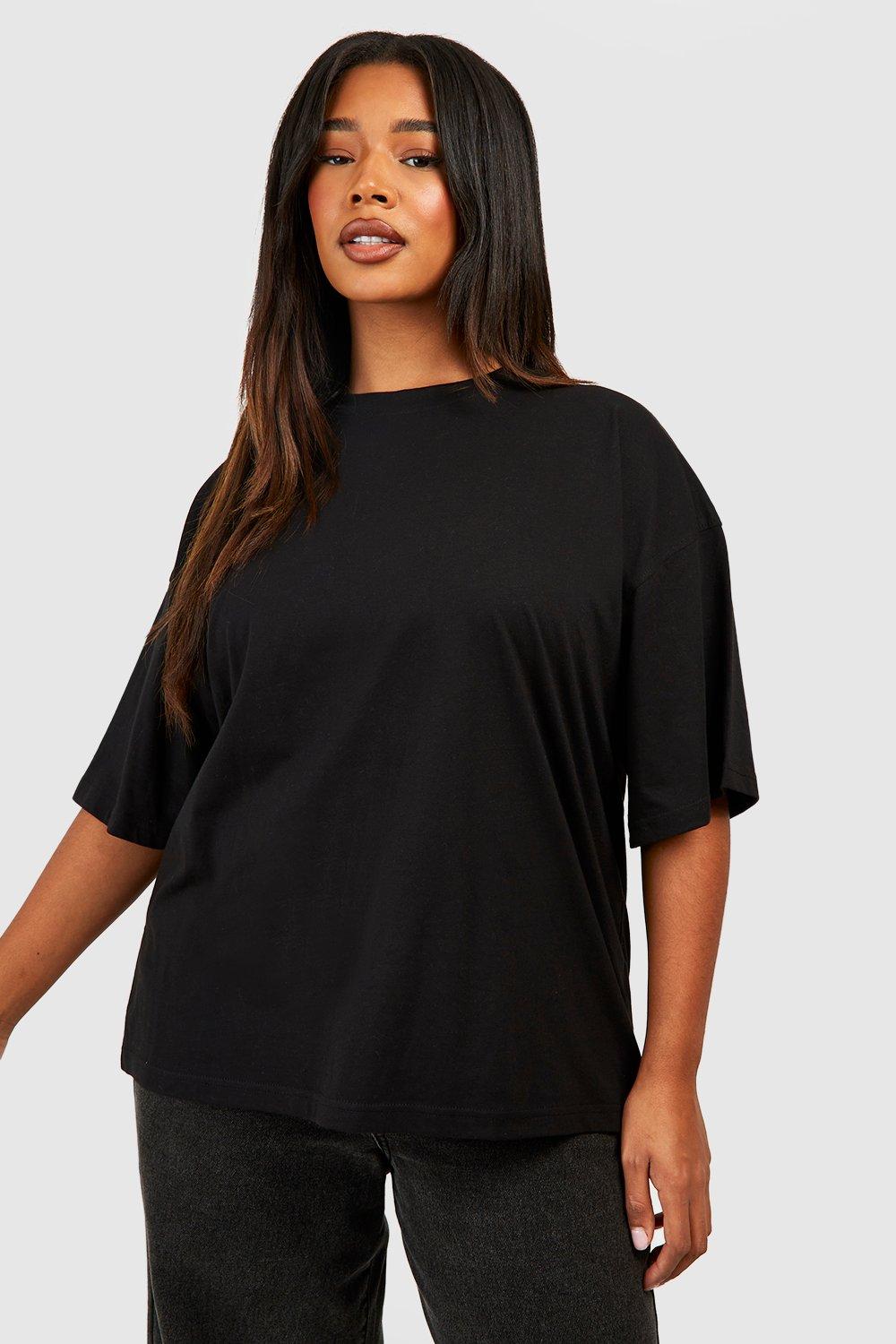 Image of T-shirt Plus Size oversize Basic a girocollo in cotone, Nero