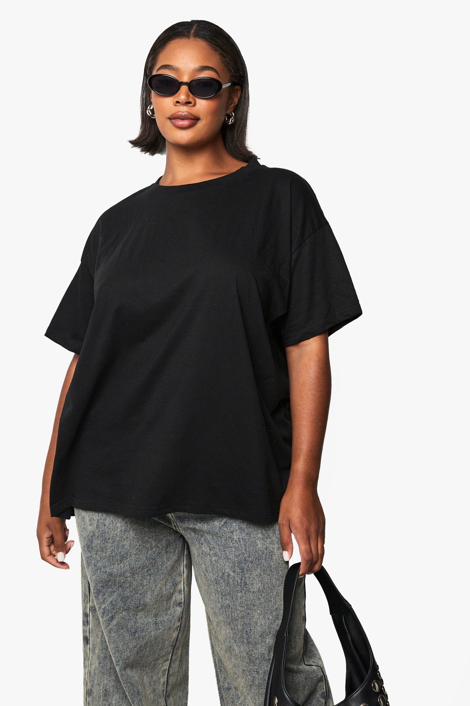 Womens Plus Oversized Crew Neck Basic Cotton T-Shirt - Black - 18, Black