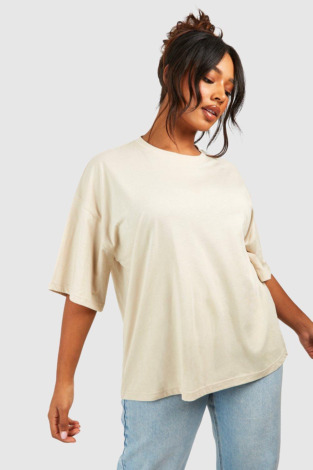 Image of T-shirt Plus Size oversize Basic a girocollo in cotone, Beige