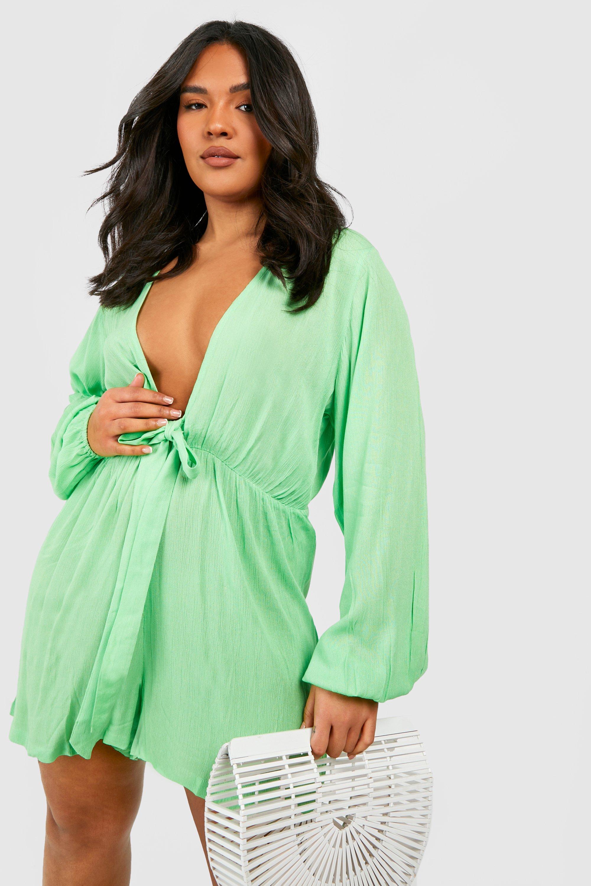womens plus tie front plunge beach playsuit - green - 28, green