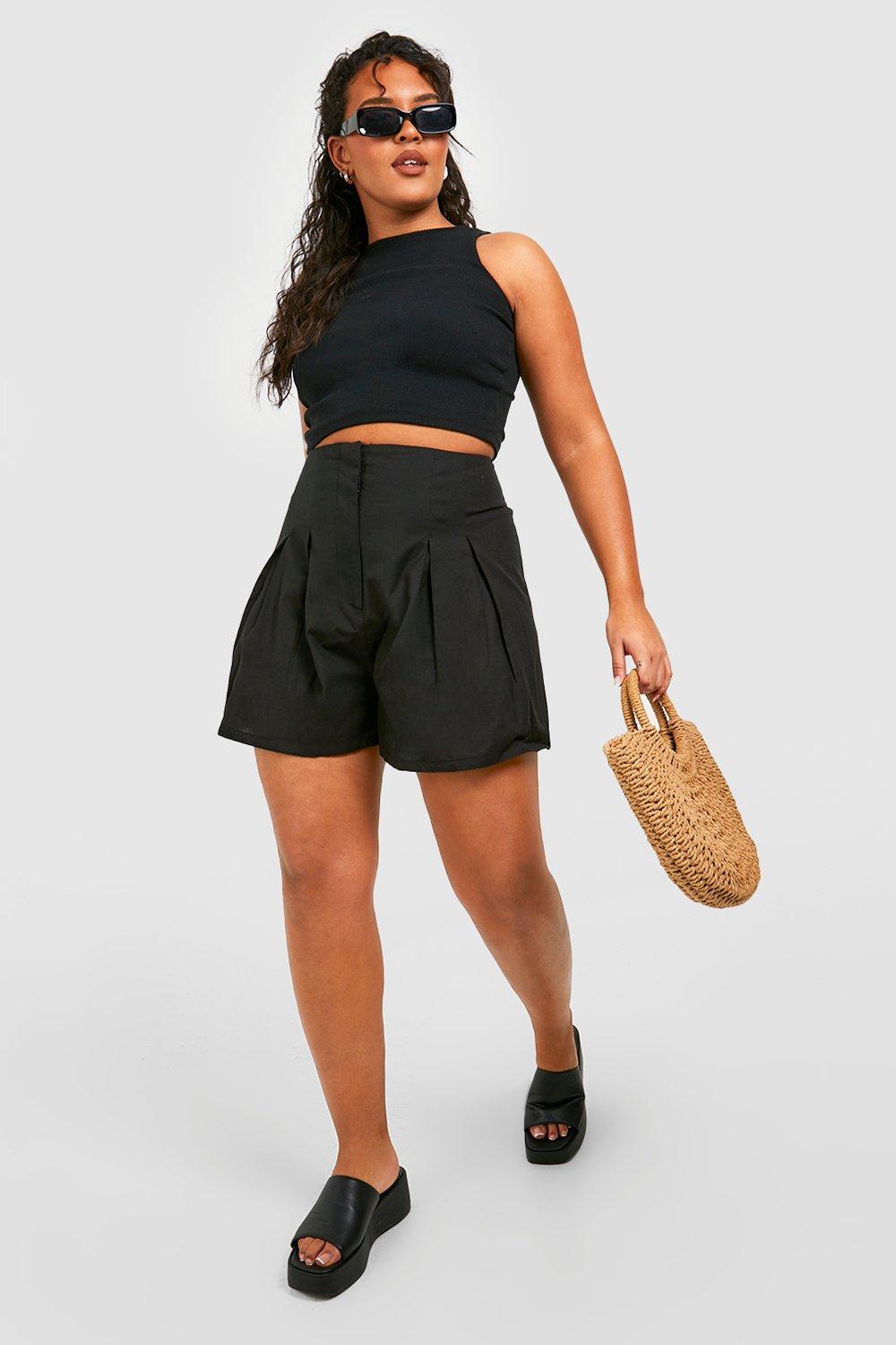 Womens Plus Linen Look Pleated Flippy Short - Black - 26, Black