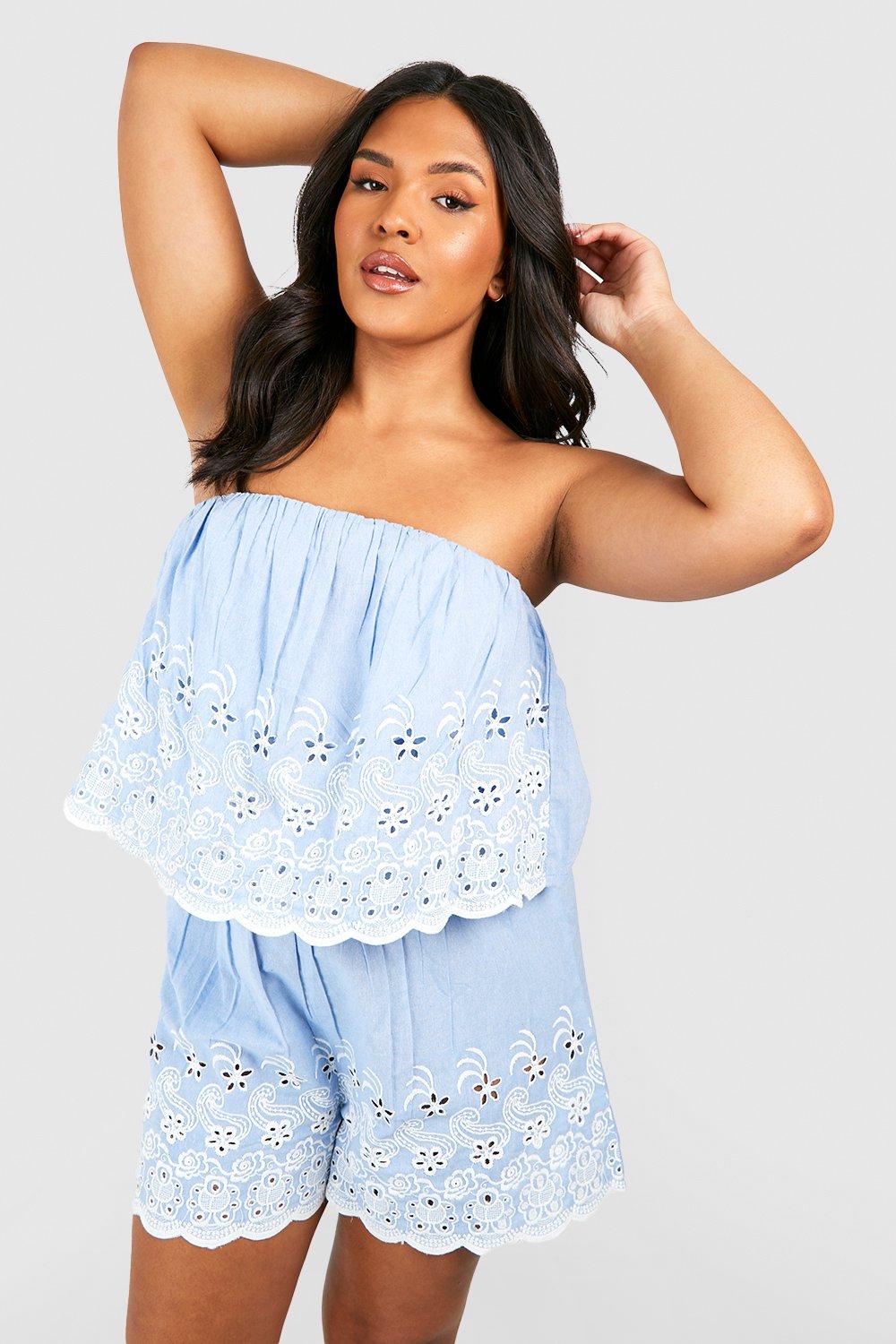 Womens Plus Chambray Embroidered Playsuit - Blue - 16, Blue
