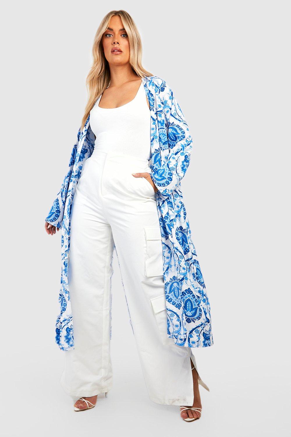 Image of Kimono lungo Plus Size in porcellana, Azzurro