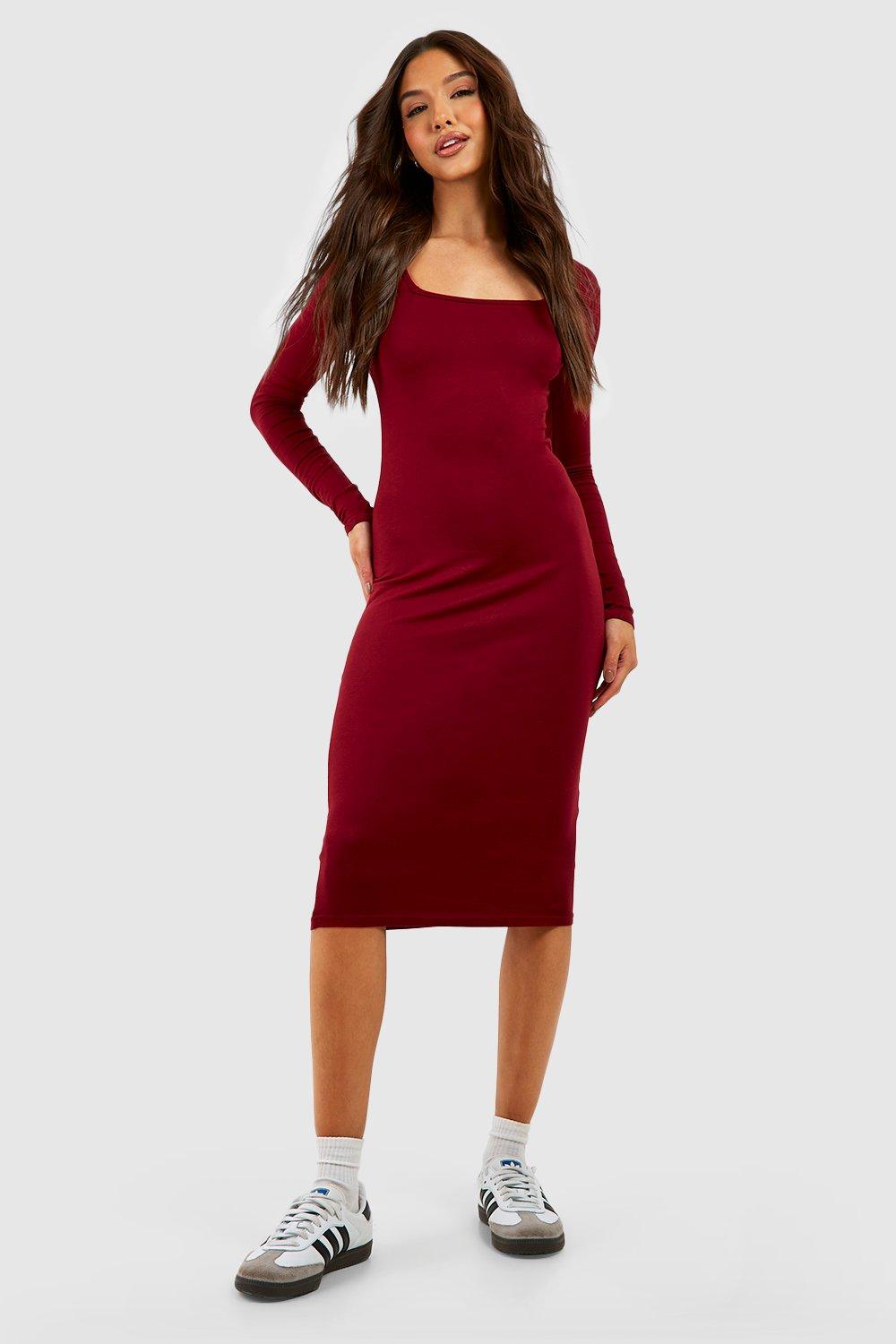 Boohoo Basic Midi Jurk Met Vierkante Hals, Berry