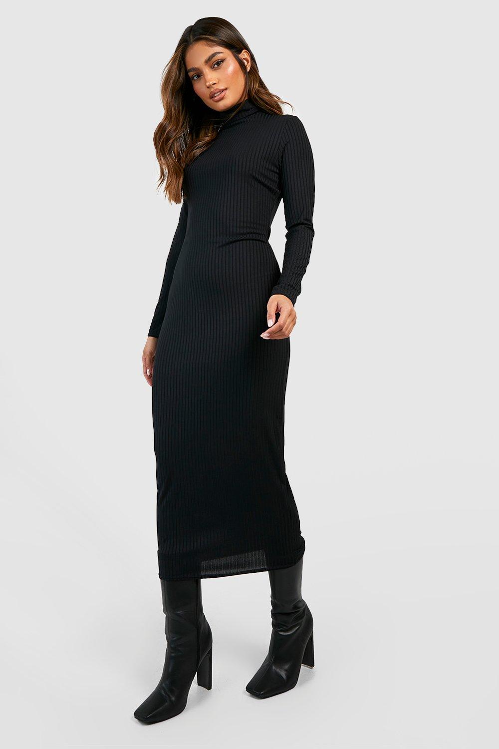 Boohoo Geribbelde Midaxi Jurk Met Col En Lange Mouwen, Black