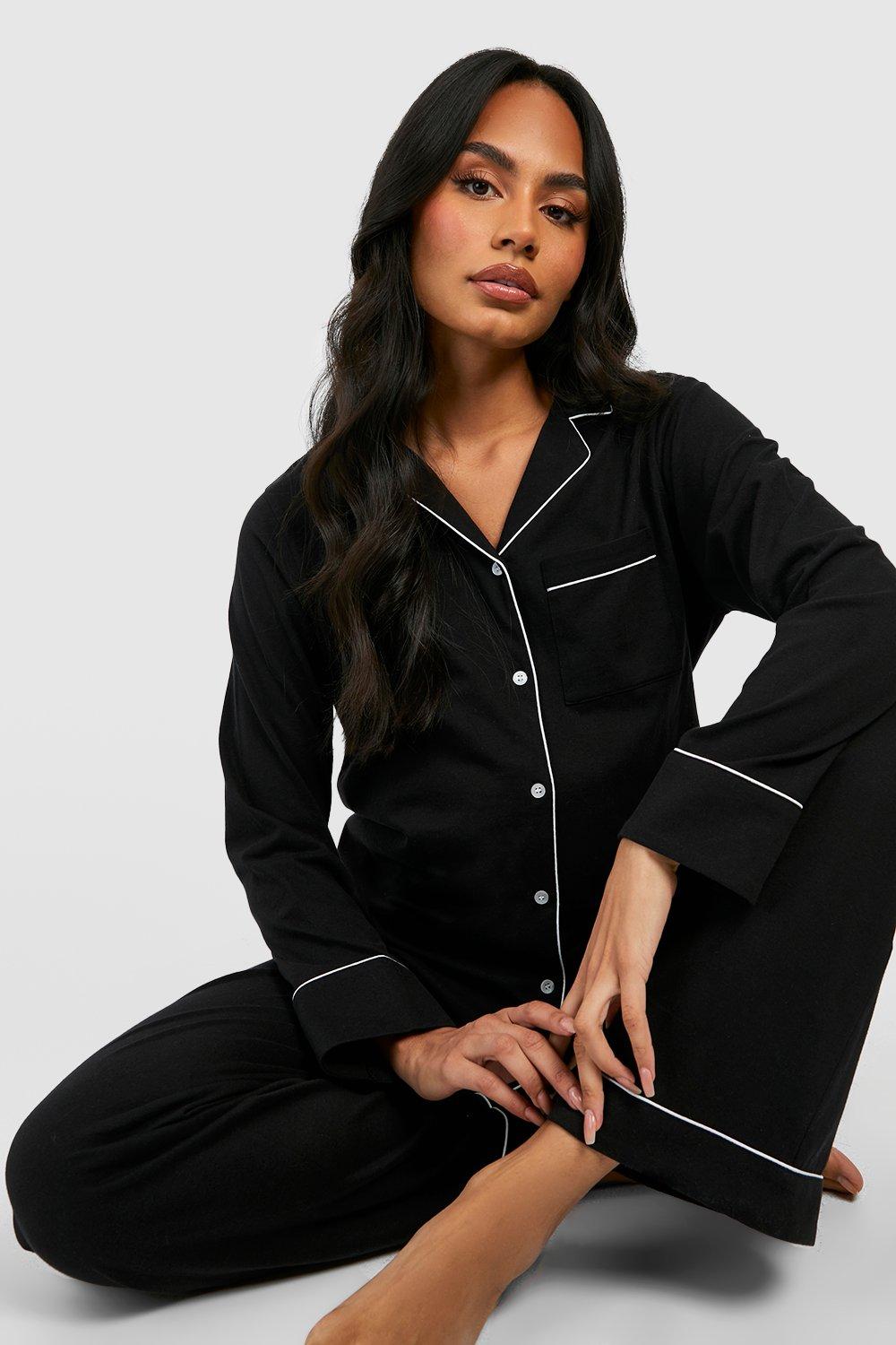 Womens Maternity Jersey Piping Button Trouser Pyjama Set - Black - 16, Black