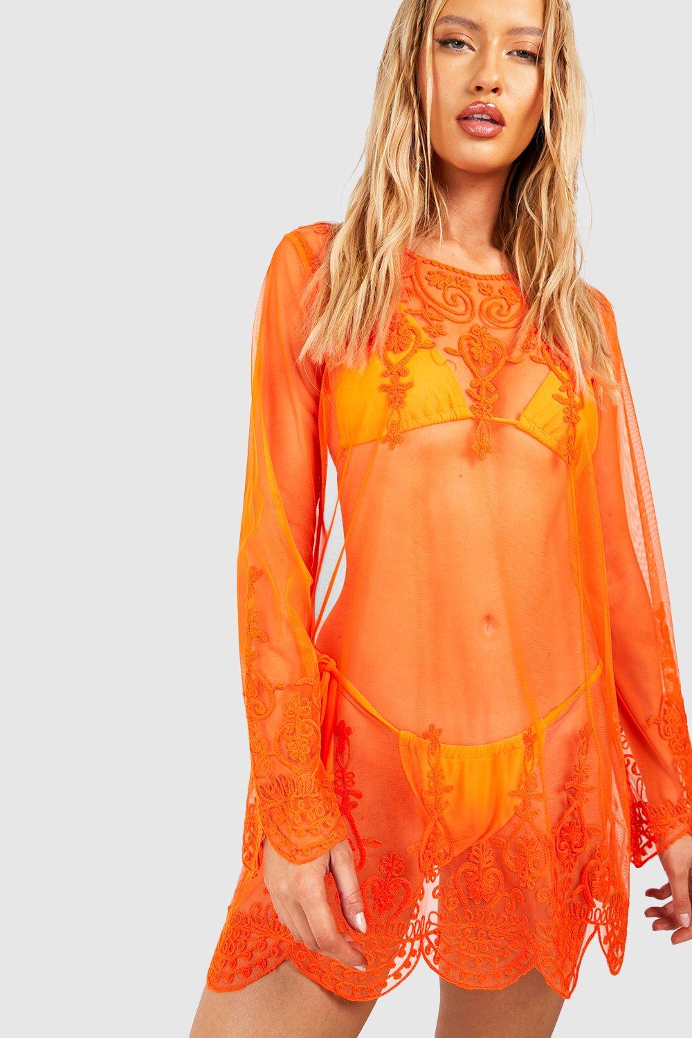 Womens Tall Embroidered Chiffon Long Sleeve Beach Dress - Orange - 6, Orange