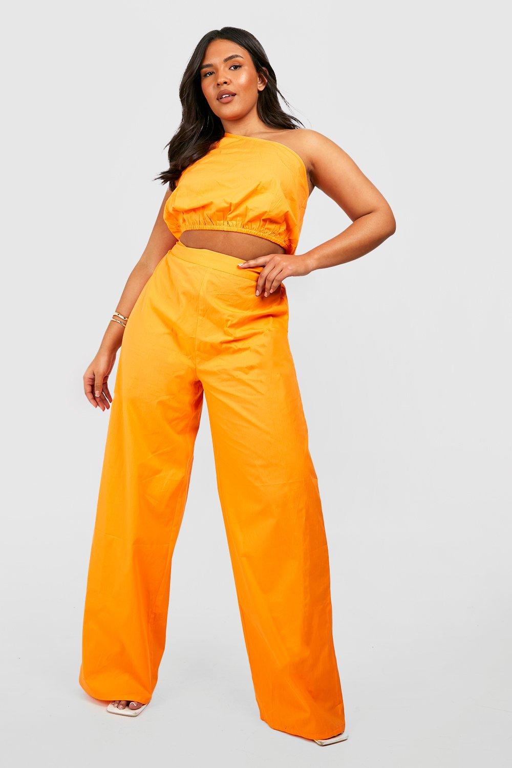 Image of Top Plus Size monospalla in popeline & pantaloni a gamba ampia coordinati, Arancio