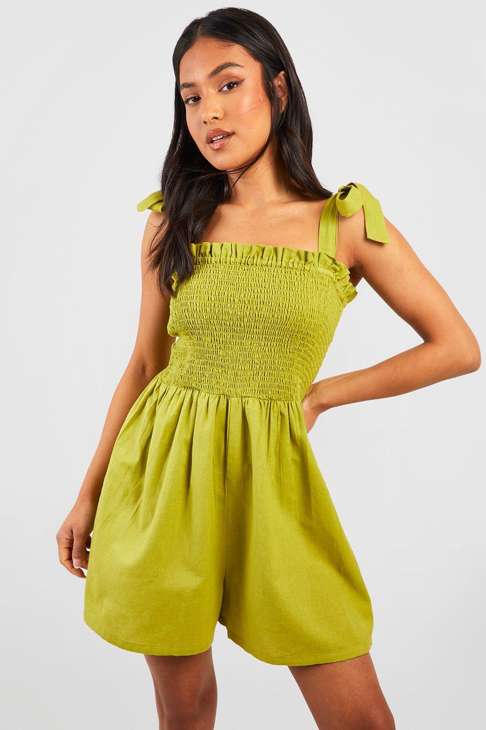 Womens Petite Linen Look Shirred Detail Playsuit - Green - 6, Green