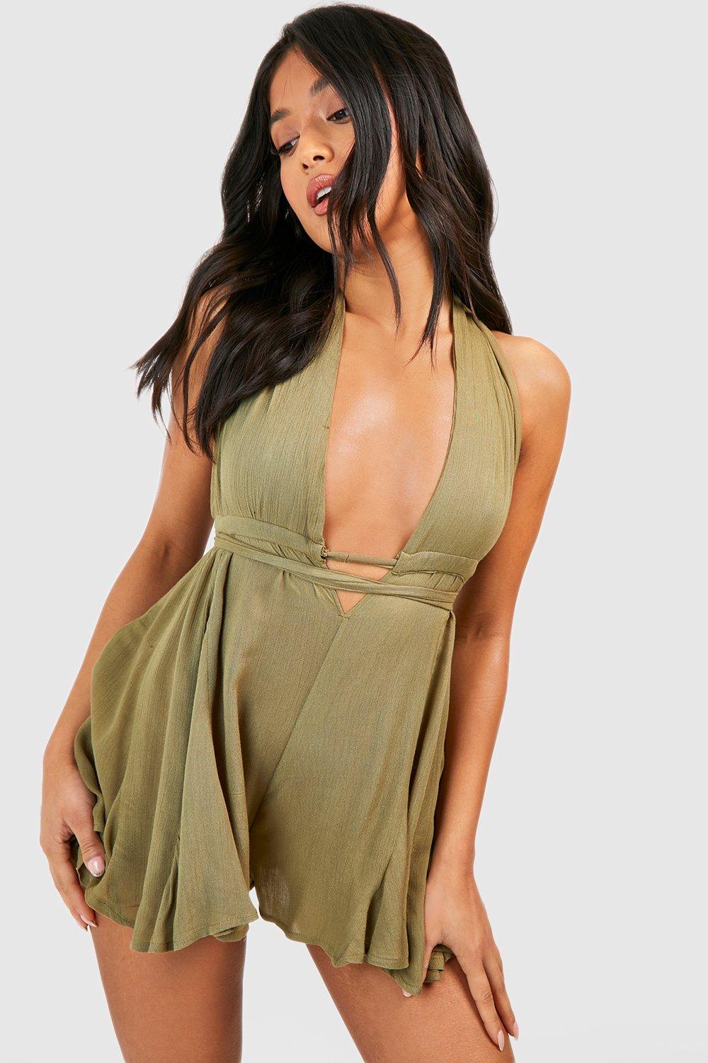 womens petite halter cheesecloth playsuit - green - 10, green