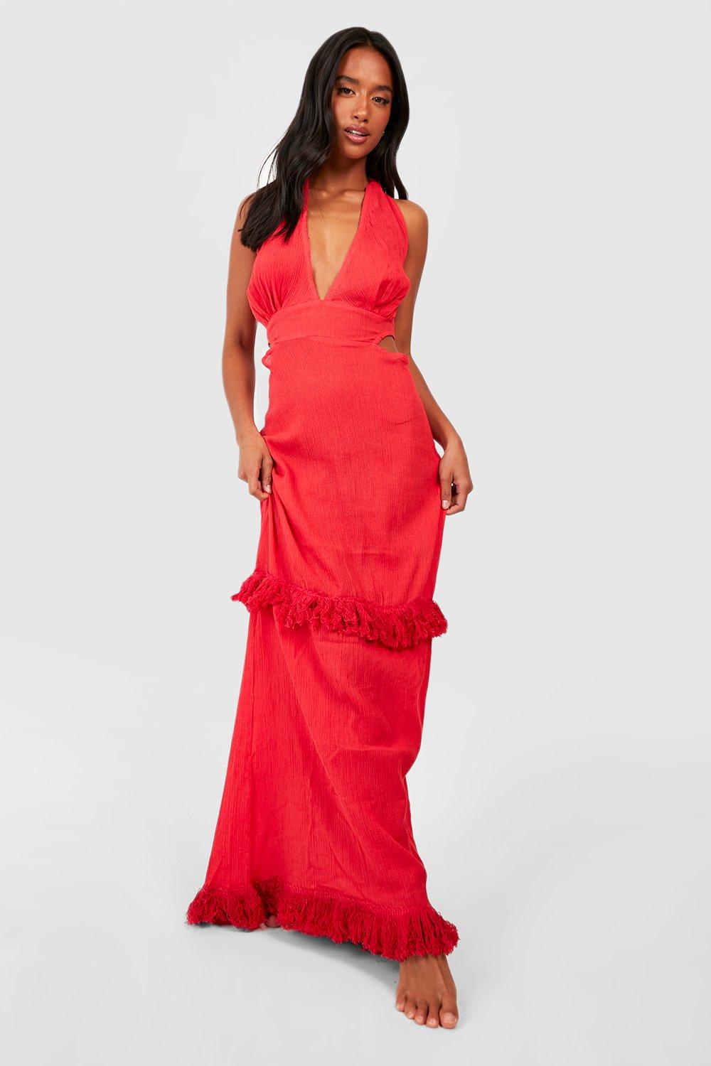 Boohoo Petite Maxi Strand Jurk Met Laag Decolleté, Kwastjes En Kwastjes, Red