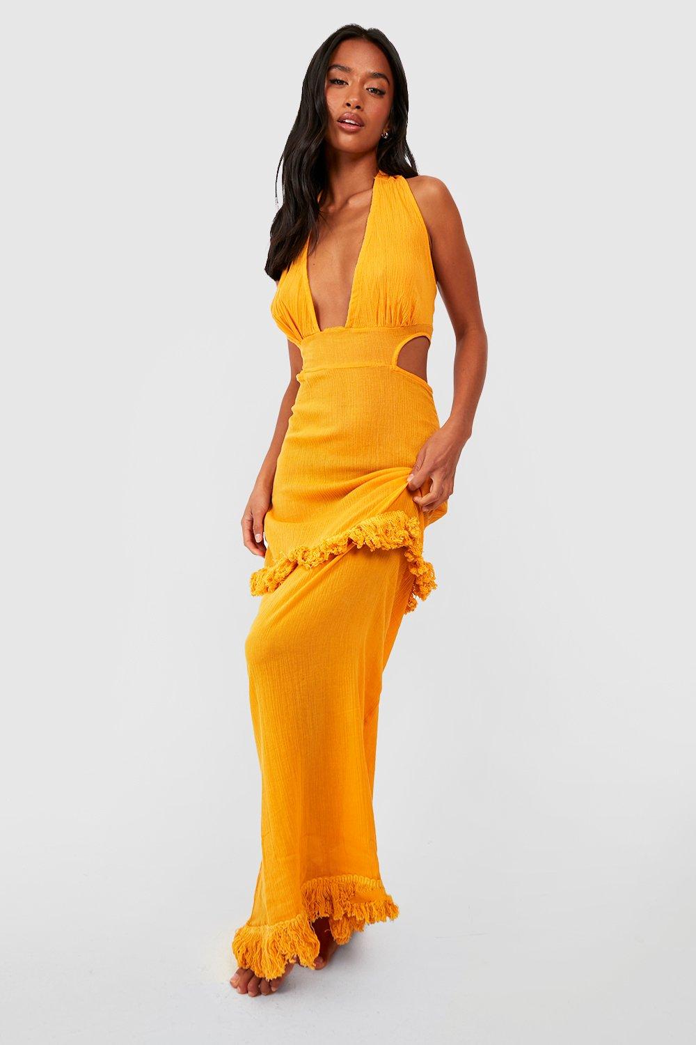 Boohoo Petite Maxi Strand Jurk Met Laag Decolleté, Kwastjes En Kwastjes, Yellow