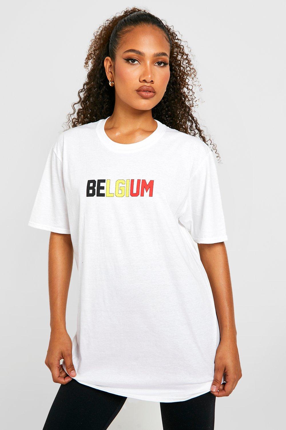 Image of T-shirt oversize con scritta Belgium, Bianco