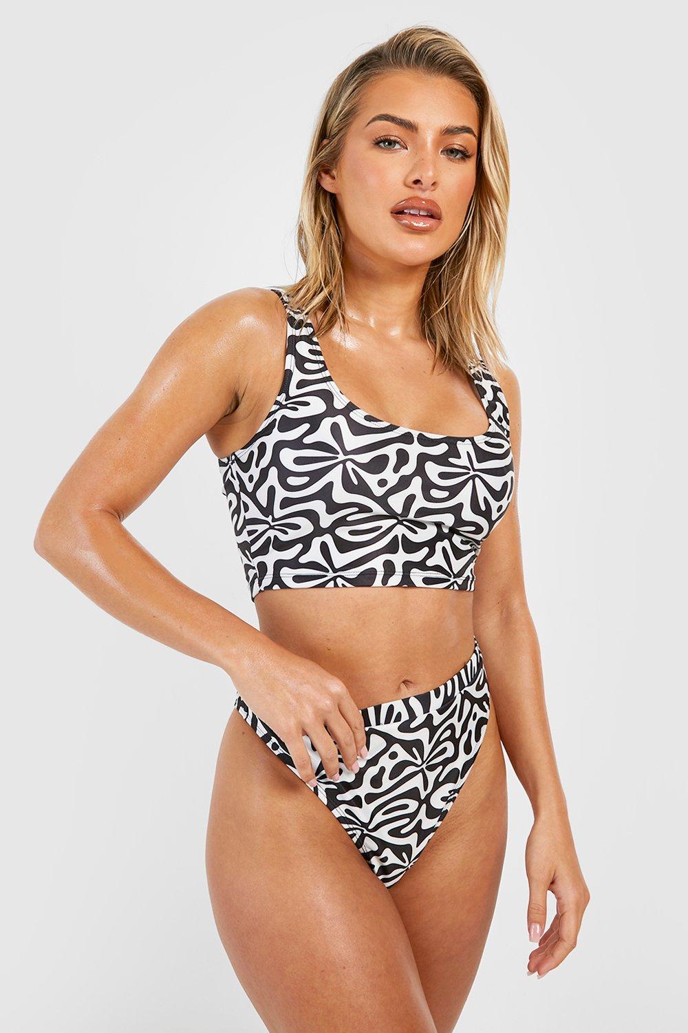 Image of Slip bikini a vita alta con stampa di motivi geometrici, Nero