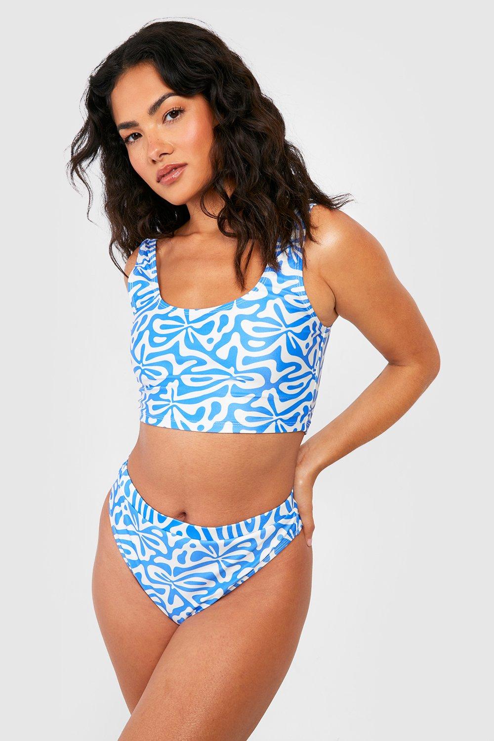 Image of Slip bikini a vita alta con stampa di motivi geometrici, Azzurro