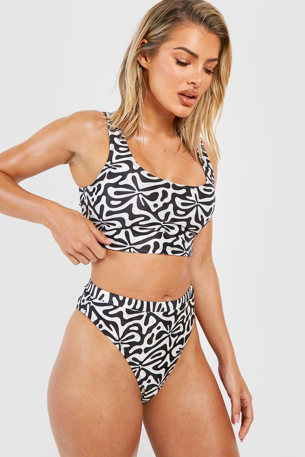 Image of Top bikini con scollo rotondo e stampa di motivi geometrici, Nero