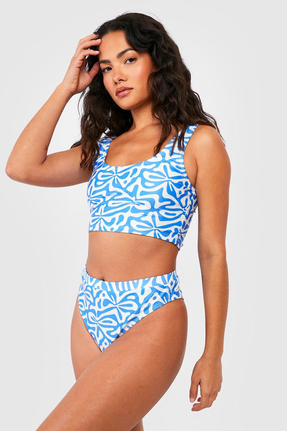 Image of Top bikini con scollo rotondo e stampa di motivi geometrici, Azzurro