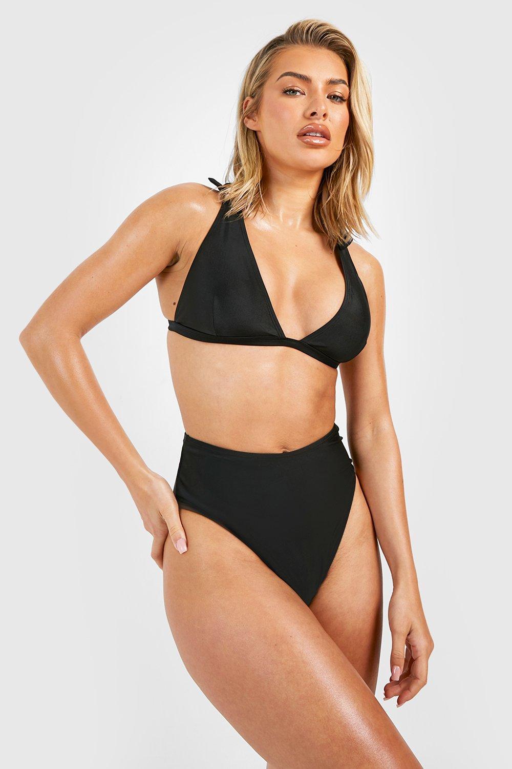 Womens Plain Tie Shoulder Triangle Bikini Top & High Waist Bikini Bottoms Set - Black - 10, Black