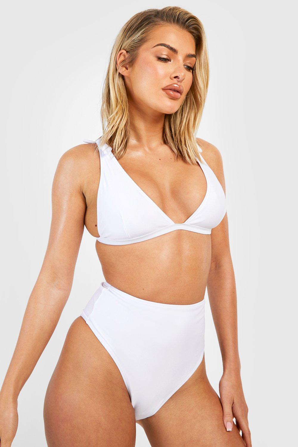 Image of Set bikini a vita alta con laccetti sulle spalle e scollo profondo, Bianco