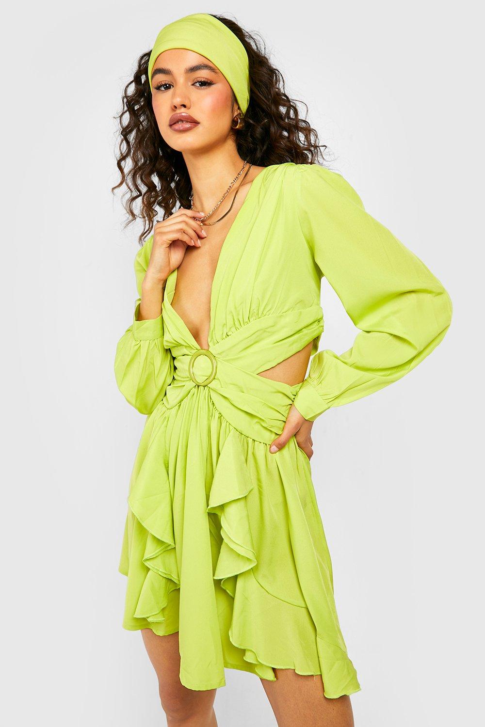 Boohoo Wikkel Cut Out Skater Jurk Met Ruches, Chartreuse