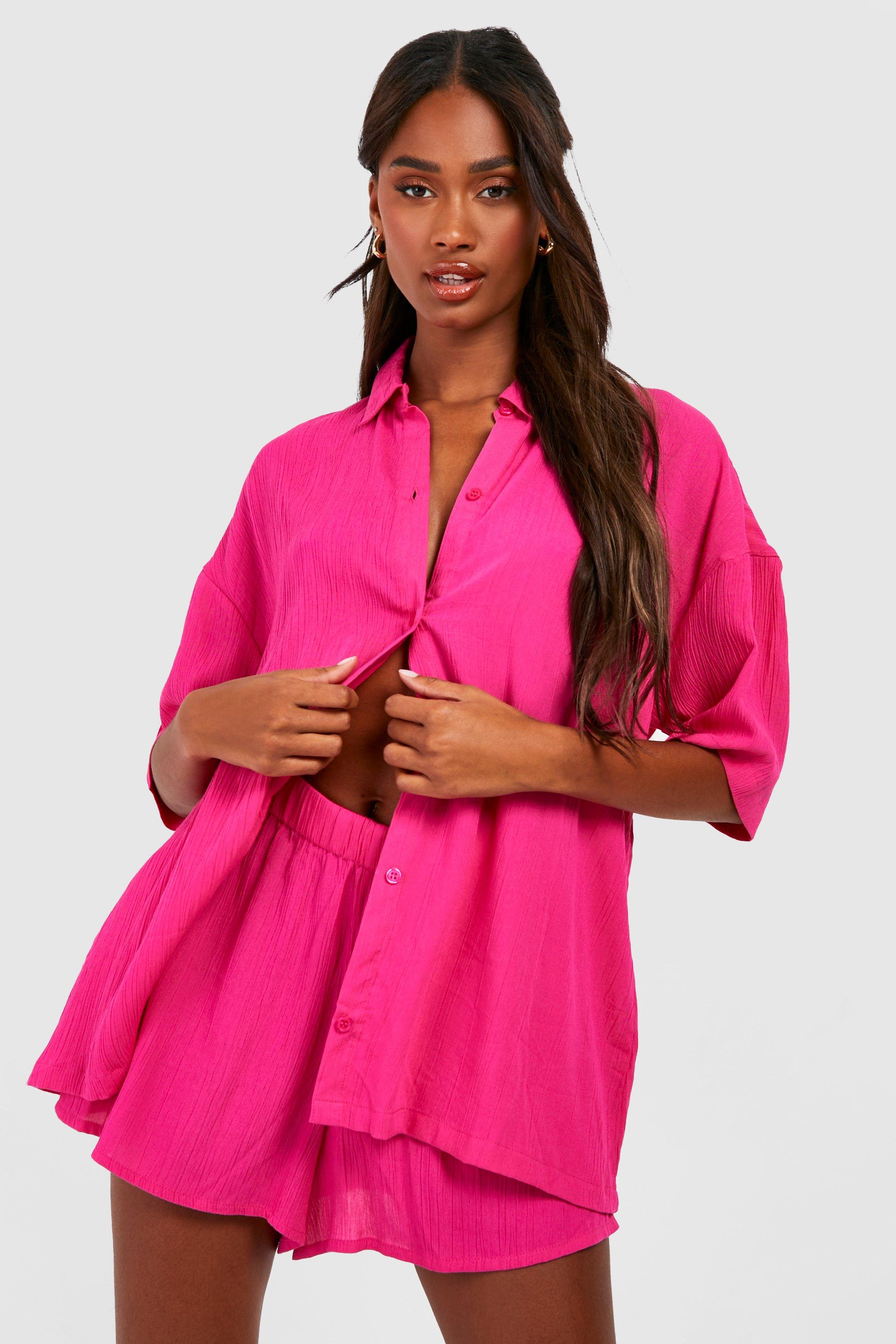Image of Set camicia a maniche corte effetto goffrato, pantaloncini & elastico per capelli, Pink