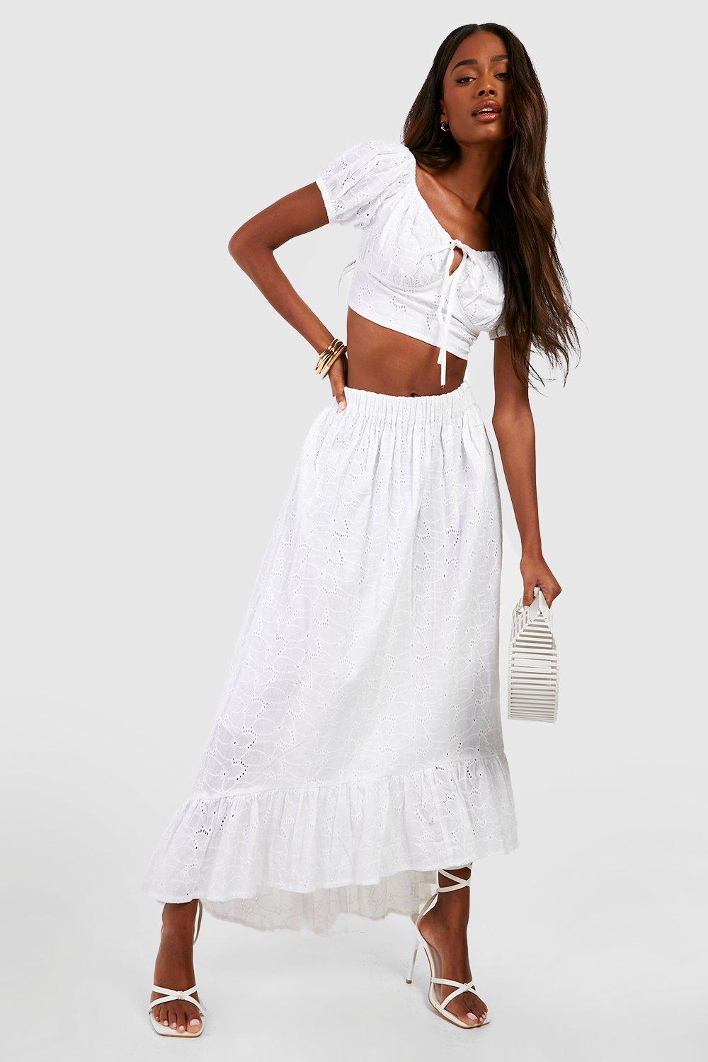 Boohoo Broderie Maxi Rok Met Langere Achter Zoom, Ivory