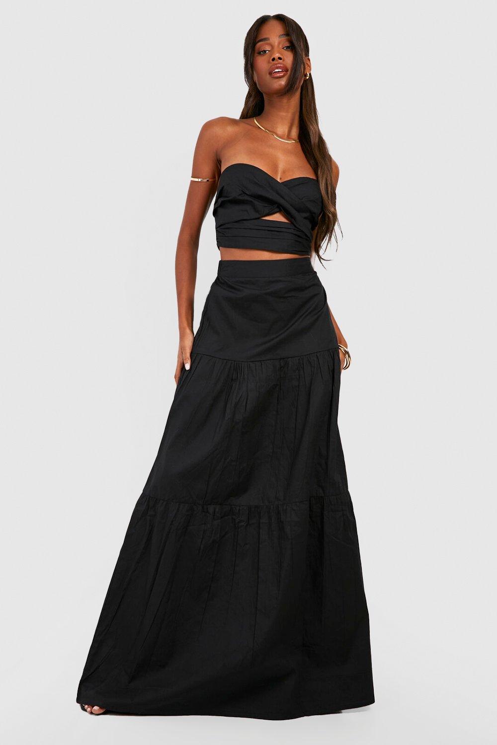 Womens Poplin Twist Front Sweetheart Bralette & Maxi Skirt - Black - 16, Black