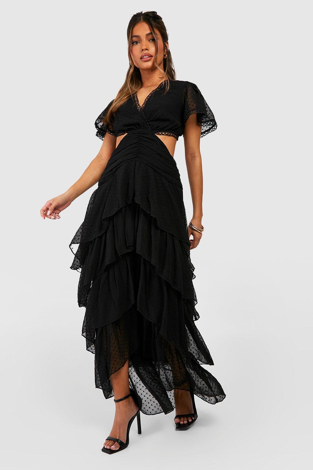 Womens Dobby Cut Out Ruffle Maxi Dress - Black - 16, Black