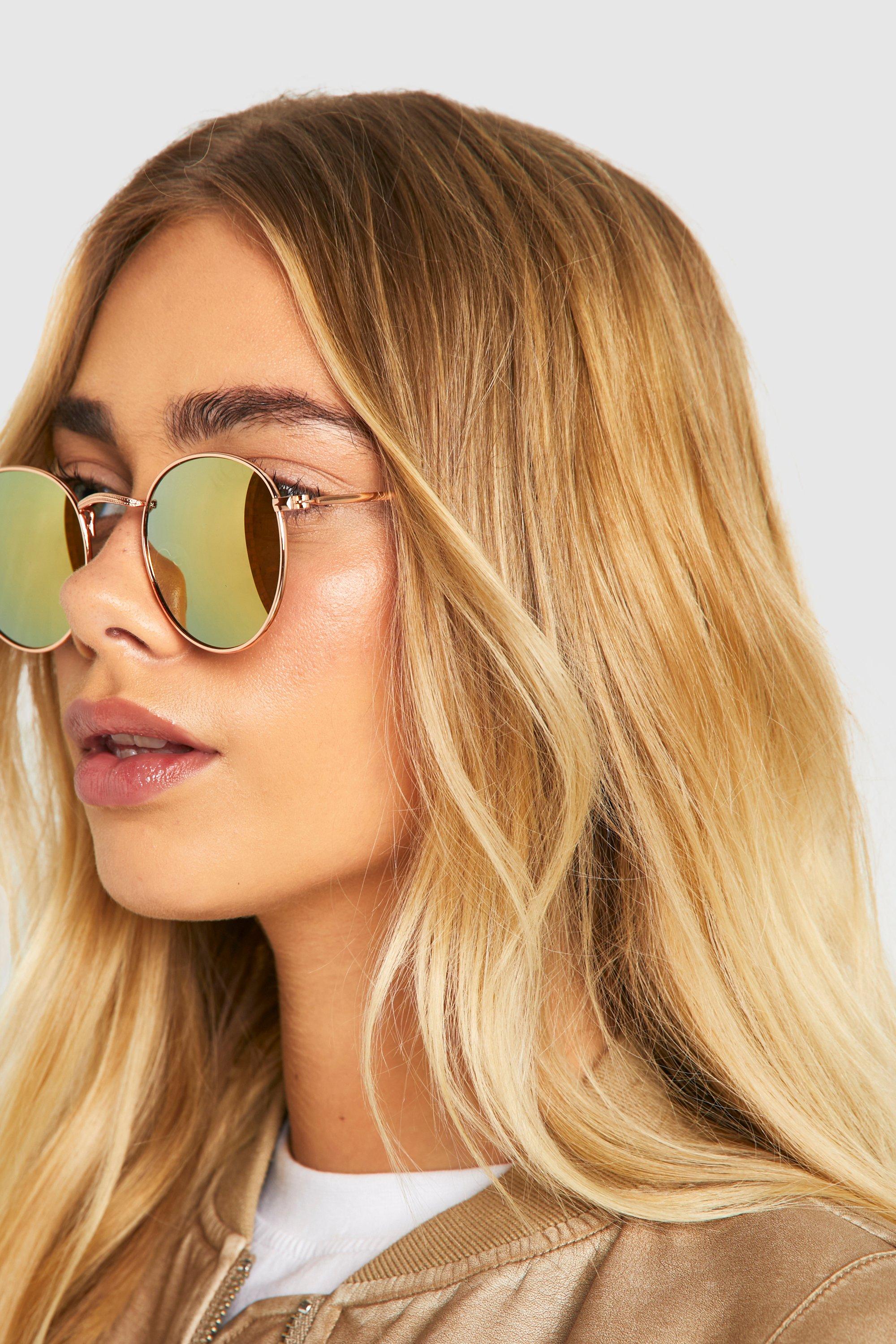 Womens Mirrored Gold Round Sunglasses - One Size, Gold