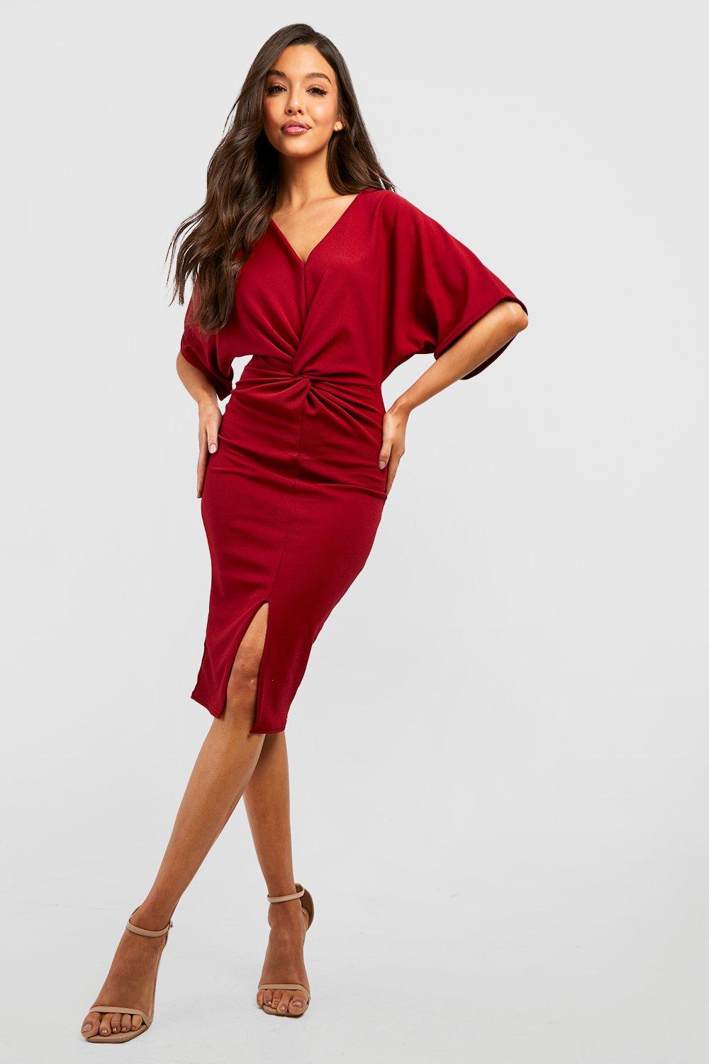 Womens Twist Front Split Midi Dress - Red - 8, Red