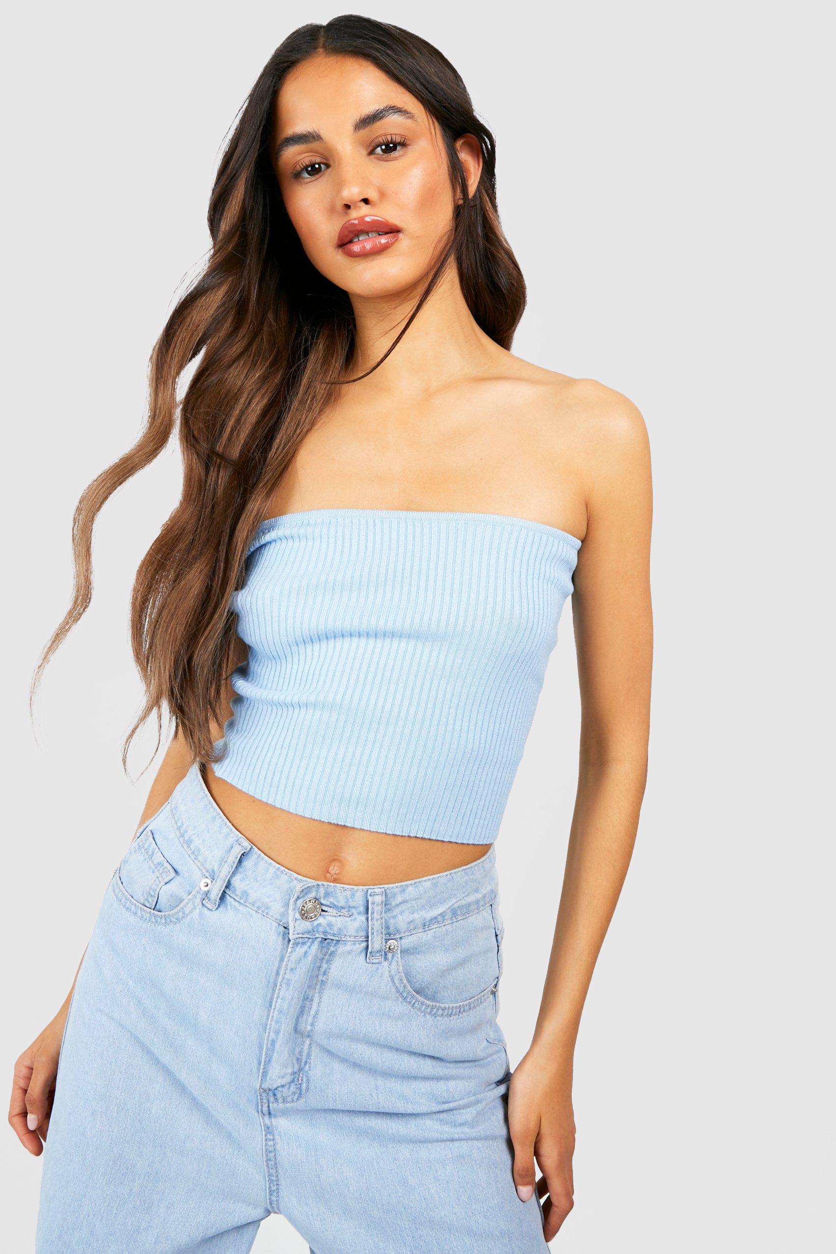 Boohoo Geribbelde Gebreide Bandeau Top, Cornflower