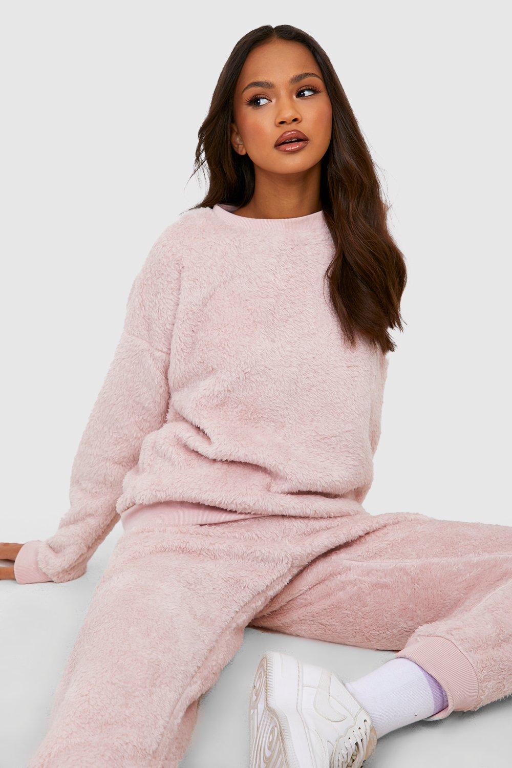 Womens Teddy Fleece Jogger Set - Pink - L, Pink