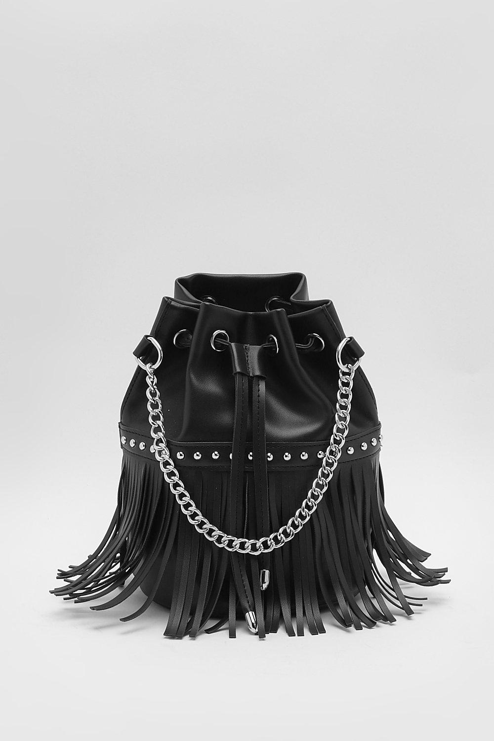 Womens Tassel Fringe Bucket Bag - Black - One Size, Black