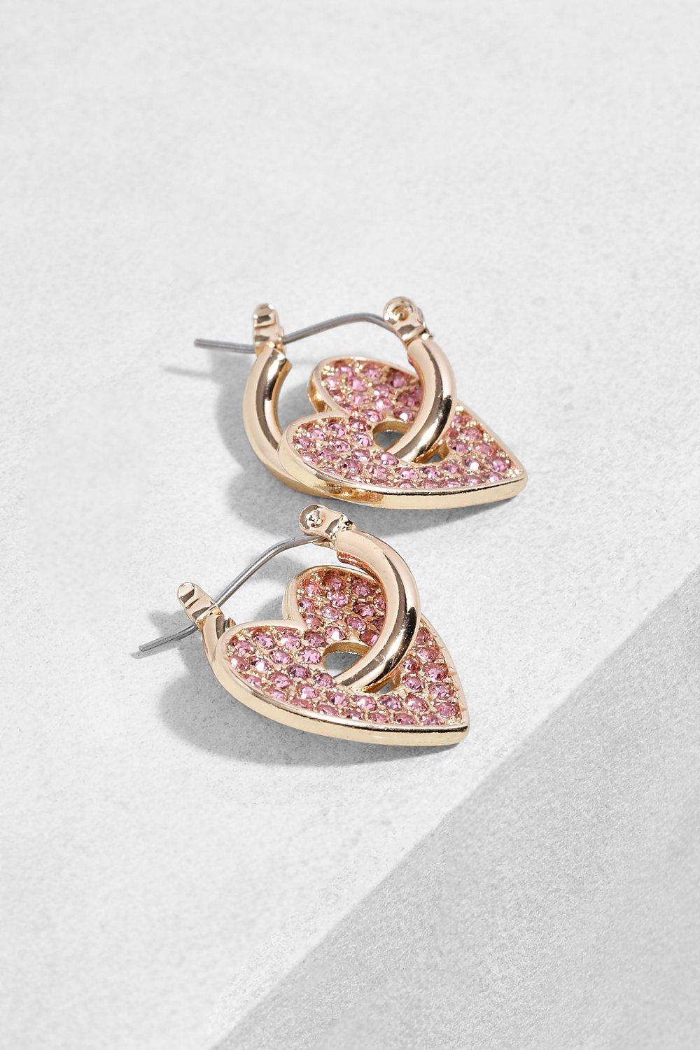 Womens Pave Heart Charm Hoop Earrings - Gold - One Size, Gold