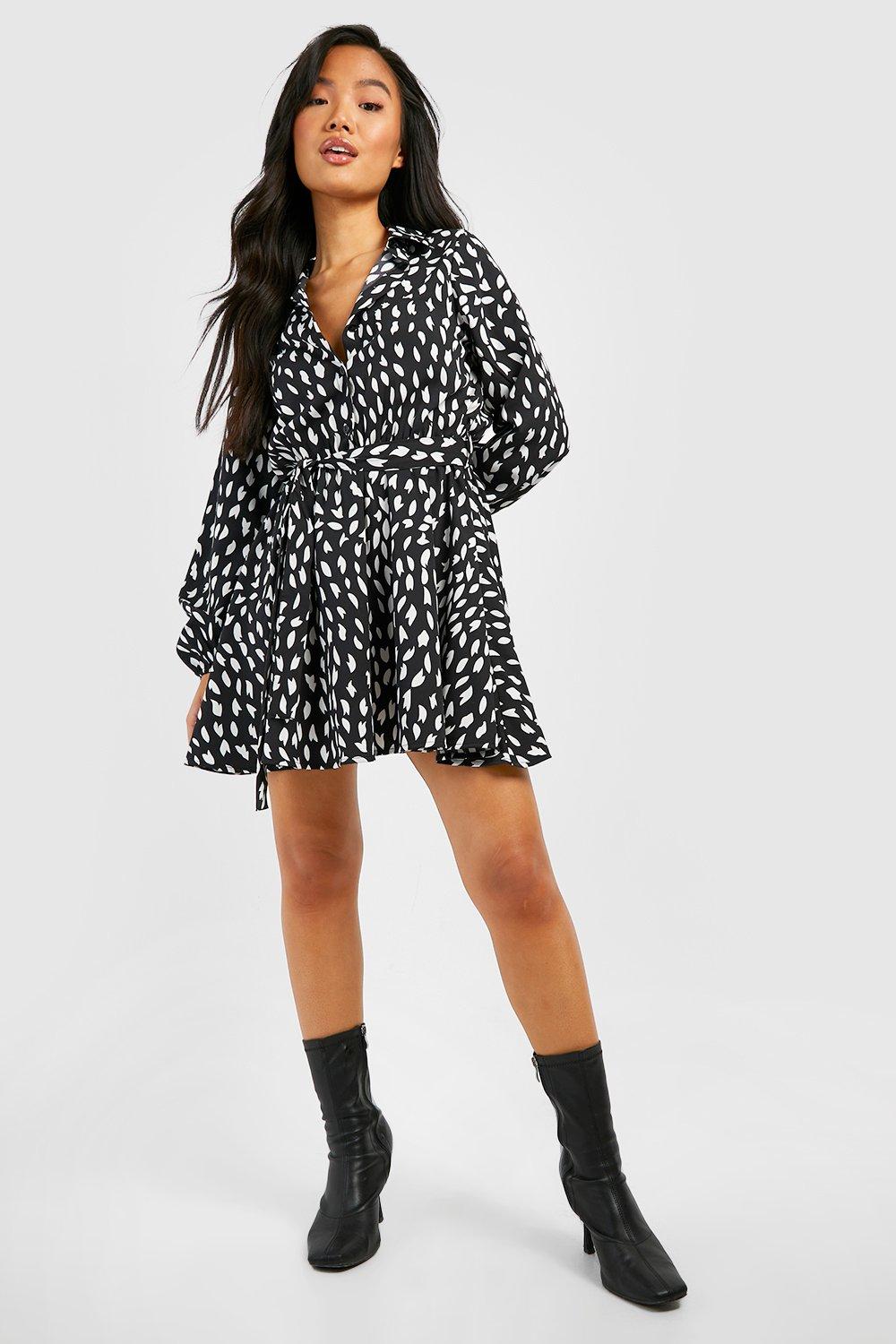 Womens Petite Smudge Print Skater Shirt Dress - Black - 10, Black