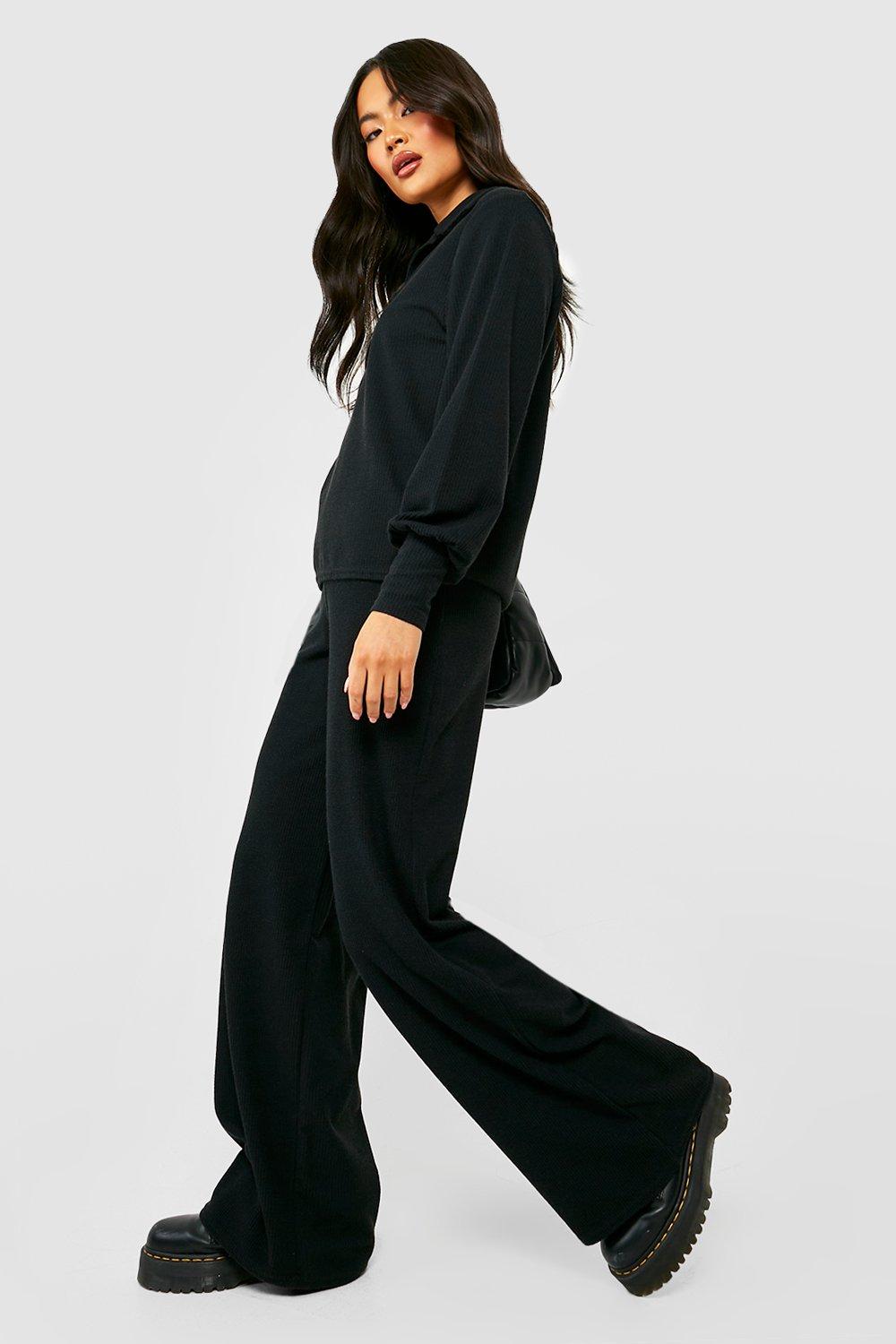 Womens Ribbed Wide Leg Trousers - Black - 8, Black