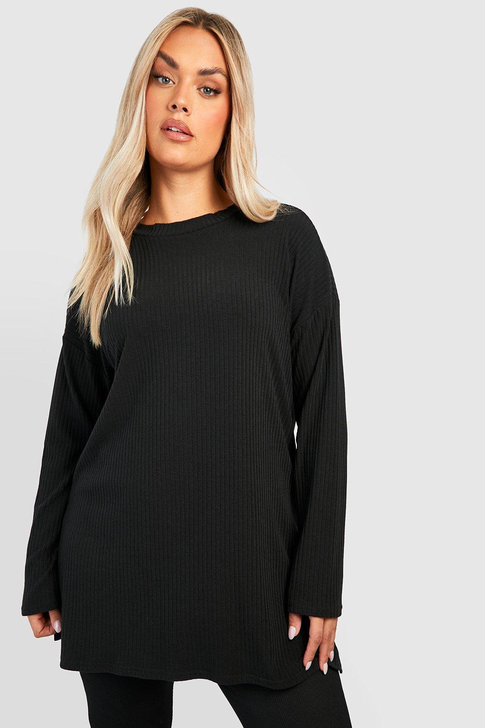Womens Plus Soft Rib Long Sleeve Tunic Top - Black - 20, Black