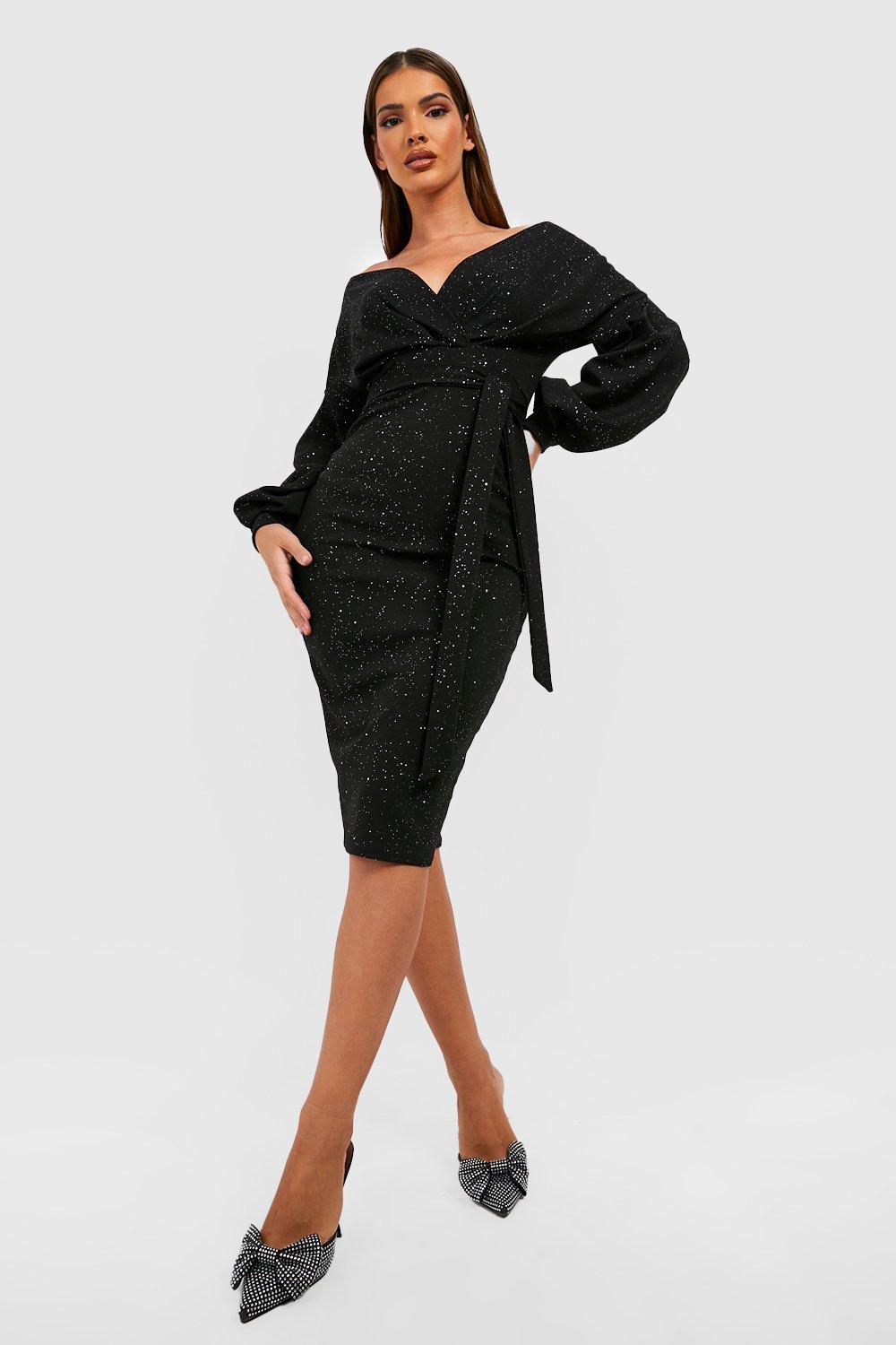 Womens Glitter Wrap Off Shoulder Midi Dress - Black - 8, Black