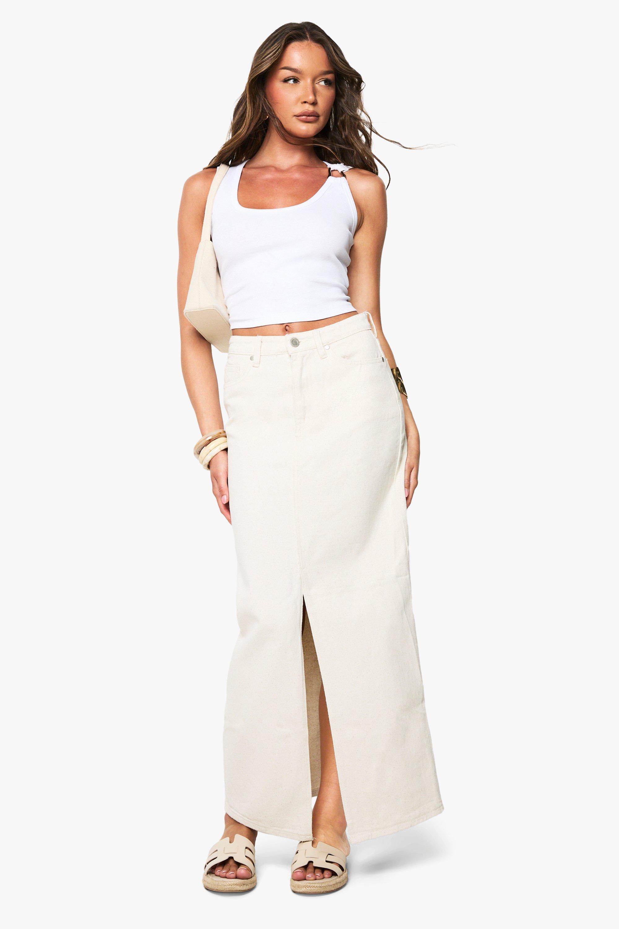 Boohoo Petite Denim Maxi Rok Met Split, Ecru