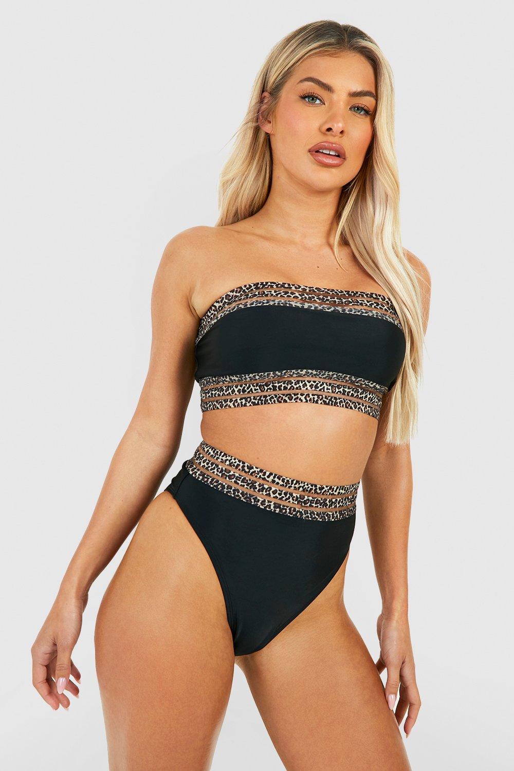 Image of Set bikini a fascia leopardato con finiture in rete, Nero