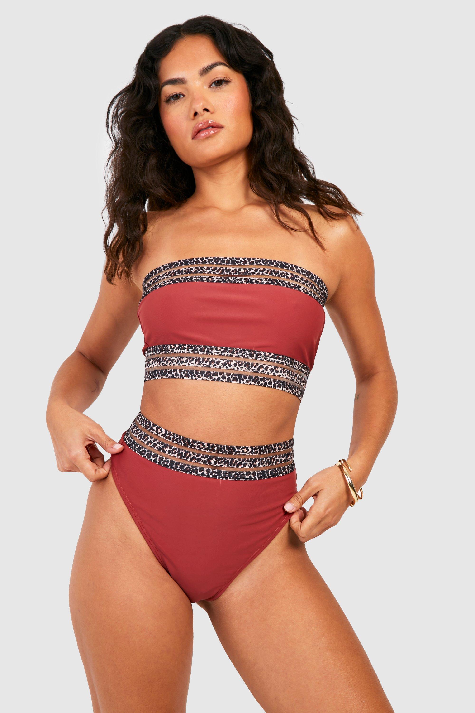 Boohoo Luipaardprint Bandeau Bikini Set Met Mesh Zoom, Chocolate