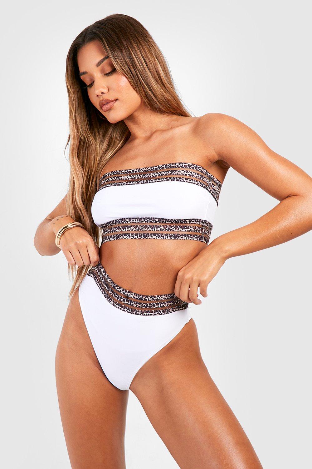 Boohoo Luipaardprint Bandeau Bikini Set Met Mesh Zoom, White